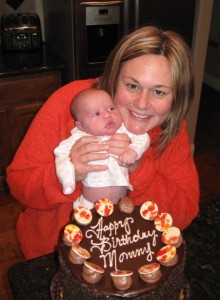 Grace and Mom ready to celebrate Mom's Birthday ...with the Giant custom cake that Grace got for her Mom