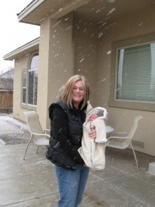 April14 Snow back yard with Mom