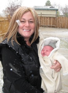 April14 Snow back yard with Mom